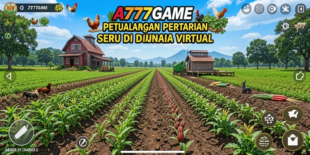 Tampilan gameplay A777GAME memperlihatkan kebun dengan tanaman hijau subur dan hewan peliharaan lucu.