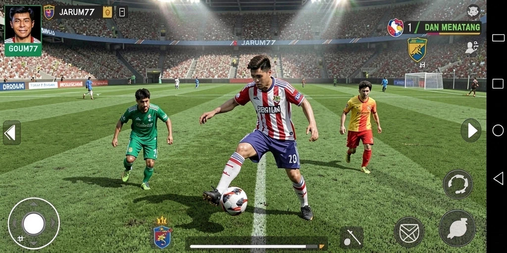 Tangkapan layar gameplay JARUM77 menampilkan aksi seru di lapangan Football.