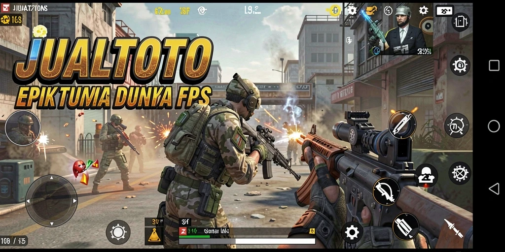 Screenshot gameplay JUALTOTO menampilkan pertempuran FPS yang mendebarkan.