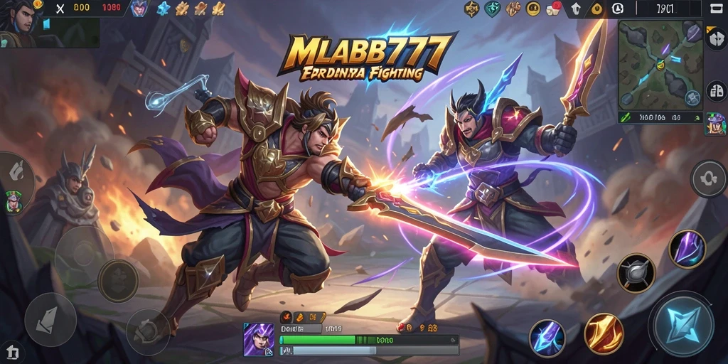 Tangkapan layar MLBB777 menampilkan duel seru antar karakter dalam arena bertarung.