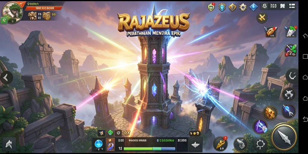 Tangkapan layar gameplay RAJAZEUS menampilkan aksi menara pertahanan yang dinamis.